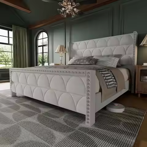 King Size Upholstered Platform Bed Frame Wingback 56" Headboard Velvet 1000LBS Wood Slat Noise-Free,