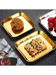 4入組304不鏽鋼正方形面條食物盤裝飾咖啡薯條盤食品容器日式壽司盤牛排鍋甜點盤食品盤化妝魚盤