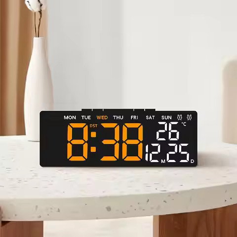 12/24H Format LED Electronic Clock 2 Alarms Date Week Large Digital Clock Temperature Display Auto-D