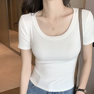 [Fee Arrive The Next Day 7 Colors] Minimalist U-Neck Threaded Slim-Fit Stretch Short-Sleeved t-Shirt