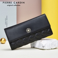 Pierre Cardin Long Leather Wallet for Women Diamond Pattern Tri-fold Coin Purse Business OL Style Ho