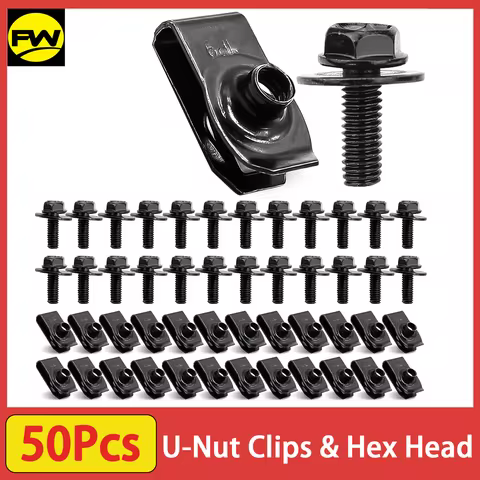 50pcs 1/4 U-Nut Clips & Hex Head Automotive Body Fender Bolts Kit for Cars Fender, Engine Undertray 