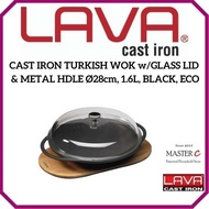 Cast Iron Turkish Wok with Glass Lid Metal Handle Ø28cm 1.6L Black Eco Lava