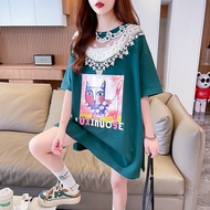 New Year Summer Lace Cat Letter Print Split Korean Version Casual Women's Half-Sleeved T-Shirt Top