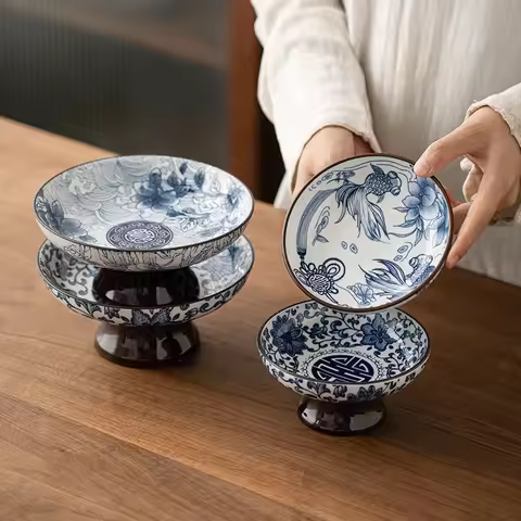 Retro Blue and White Chinese Refreshments Tray Tall Fruit Tray Small Dish Chinese Snacks Snacks Drie