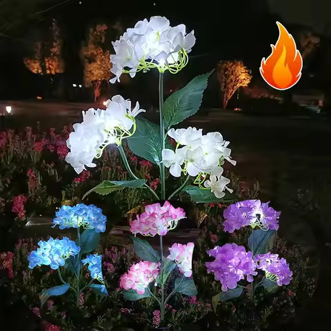 3 Heads Hydrangea Rose Flower Solar LED Light Outdoor Waterproof Landscape Lamp Simulation Flower La