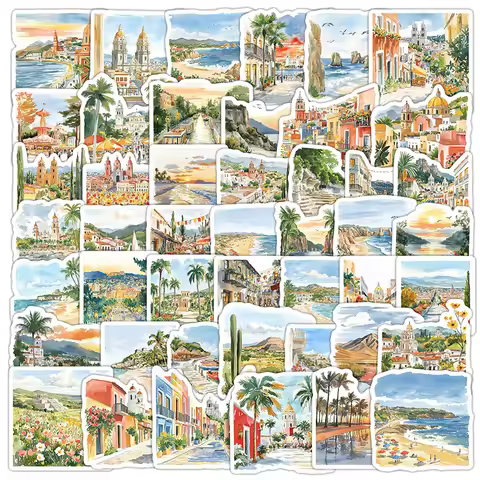 50PCS Watercolor Mexican City Landscape Graffiti Stickers Decoration Envelope Notebook Stationery Su