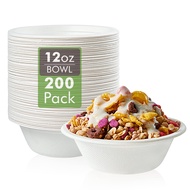 Vplus 200 Pack 12 OZ Paper Bowls, Disposable Compostable Bowls Bulk, Eco-friendly Bagasse Bowls, Hea