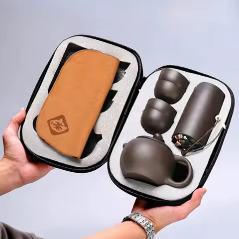 7-piece set Portable Chinese Travel Tea Set, Teapot Clay Set, Tea Ceremony, Camping, 4 Cups, Zi Shi,