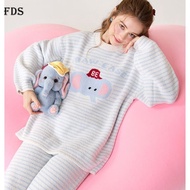 FDS Striped Elephant Pajamas for Women, Autumn and Winter Half-Fleece Comfortable Cute Cartoon High-