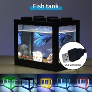 Mini Aquarium Water Tank with LED Light Desktop Terrarium Blue