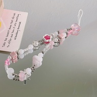 Raimondo Tali Busur Kristal Rantai Telepon Manik-manik Bunga Merah Muda Rantai Telepon Nyaman Anti H