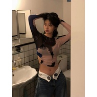 y2k y2k Women's Clothing Translucent Tops Hot Girls Clothes Sexy Tie-Dye Mesh T-Shirt Spring Slim-Fi