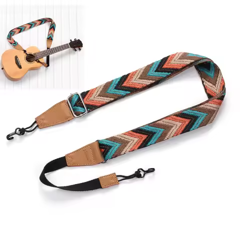 Hawaiian Jacquard Style Ukulele Strap Genuine Leather Ends Nail Free Double J Hook Adjustable Ukelel