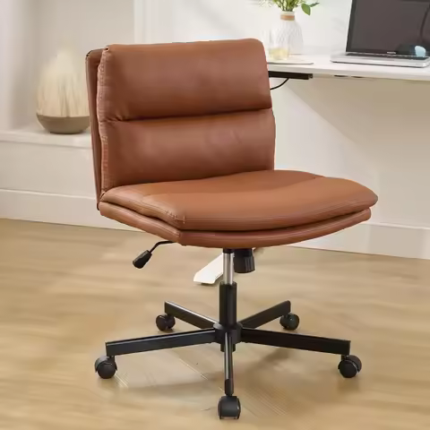 Criss Cross Chair with Wheels Armless Wide Seat Cross Legged Comfy Office Desk Chair PU Leather Heig