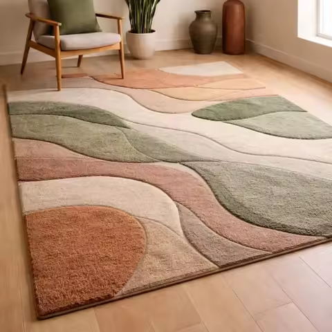 Room Decor Rug Sage Terracotta Cream Neutral Layered Wave Area Rug, Soft Floor carpet, rugs for livi