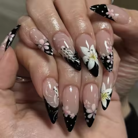 3D Water Ripple White Koi Lily Cherry Bloosom Polka Dot French Black False Nails Detachable Finished