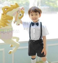 ♥萌妞朵朵♥韓版英倫吊帶純棉四件套裝(白衣+黑褲)/花童兒童日常衣服BB048