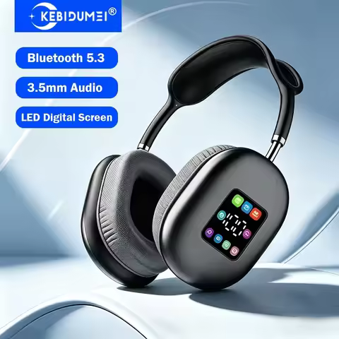 KEBIDUMEI LED Digital Screen Bluetooth 5.3 Headphones ANC HIFI Stereo Wireless Headset 3.5mm AUX Wir