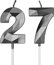 27th & 72nd Birthday Candles for Cake, Black Number 27 72 3D Diamond Shaped Candle Birthday Decorati