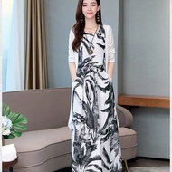 ＜1012＞IEF SHOP Ready Stock JS Womens Clothing Medium - long print dress art cotton linen two - piece