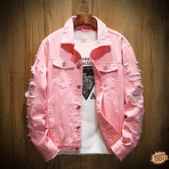COD 【Ready Stock】 jaket jeans lelaki bomber jacket men Ins Spring and Autumn Couple Pink Denim Jacket Men's Tide Brand Plus Fattening Size Frock Clothes Broken Jeans JHGJHEFW
