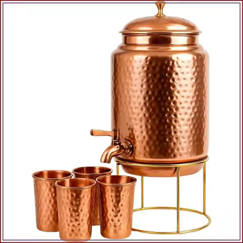 Pure Copper Water Dispenser 6.5L with 4 Copper Glasses & Stand