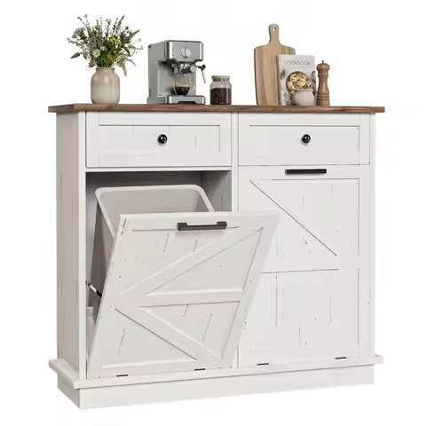 Free-Standing Double Tilt-Out Trash Can Cabinet with 2 Drawers - Retro Odorproof & Dogproof Garbage 