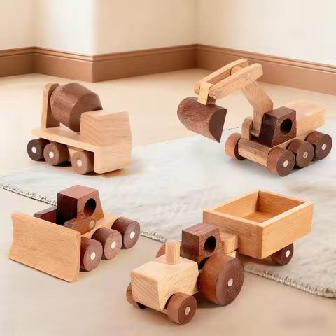 Wooden Toys Beech Wood Car Blocks Cartoon Excavator Educational Montessori Toys Children Ambulance P