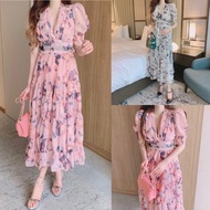 D1354 TYRA KOREAN STYLE FLORAL VINTAGE MIDI DRESS FREE BELT V-NECK HOLIDAYMANIS