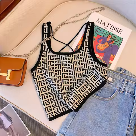 Stylish Summer Knitted Sleeveless Vest for Women Color Block Pure Desire Style Handbag Store New 202