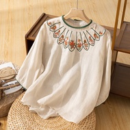 Ethnic Style Cotton Linen Top Women Literary Retro Heavy Industry Embroidery Loose Pullover Three-Qu