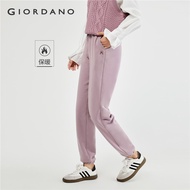 GIORDANO Women Joggers Fleece-Lined Cat Embroidery Sport Joggers Elastic Waist Warm Athleisure Fashi