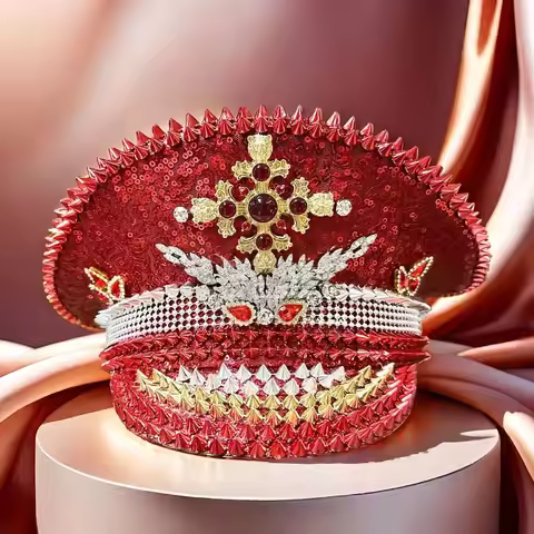 HongLuan Red Steampunk Captain Hat Rhinestone for Burning Man Festival Woman - Rave Festivals Access