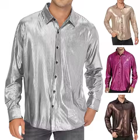2025 Shirt Men Button Metallic Disco Shirt 70s Costume Men Gold Shirts For 70s Party Nightclub Wear 