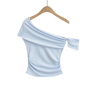 Áo Thun Tay Ngắn Vai Một Bên Cổ Điển Phong Cách Blogger INS Cổ Chữ V Xếp Ly Co Giãn Mùa Hè Đa Năng C