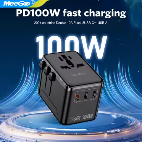 MeeGoo 100W GaN Universal Travel Adapter with 1USB-A and 3Type C,1ACFast Charging Power Adapter EU/U