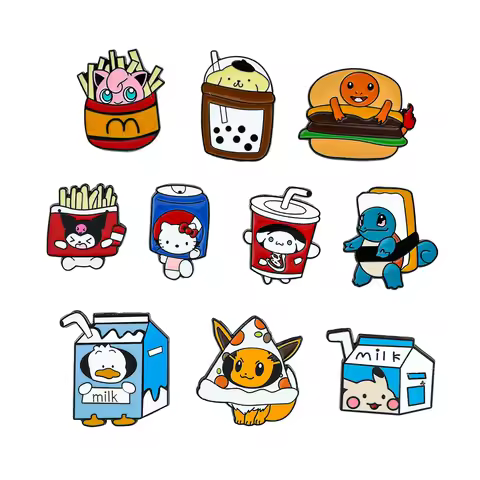 Sanrio Cola Hello Kitty Fries Kuromi Enamel Pin Pokemon Sandwich Pikachu Hamburger Charmander Metal 