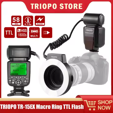 TRIOPO TR-15EX TTL HSS Macro LED Ring Flash Speedlite with 6 Different Size Adapter Rings for Canon 