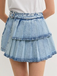 [Pomelo] กางเกงกระโปรงยีนส์จับจีบ / Pleated Denim Skort