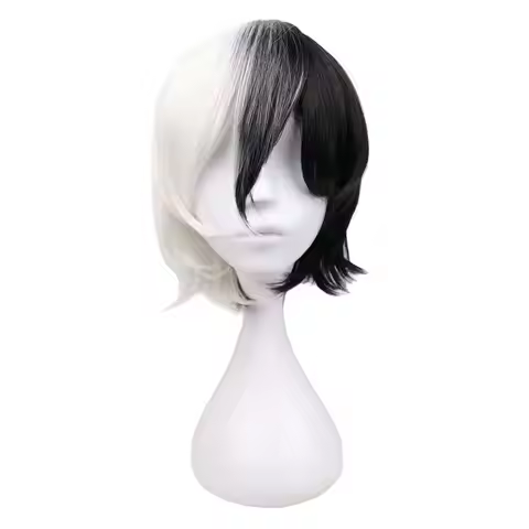 Half Black Half White Cosplay Wig Short Costume Synthetic Hair Cos Cruella DeVille Wigs Peruca Peluc