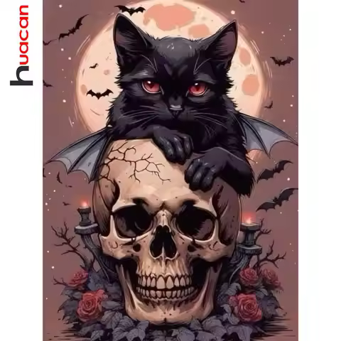 Huacan Black Cat Skull Halloween Diamond Painting Full Square Round Moon Wings 5D DIY Diamond Mosaic