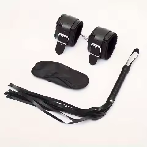 Black soft handcuffs, black whips, and mysterious dark eye masks - perfect gifts for couple toys and