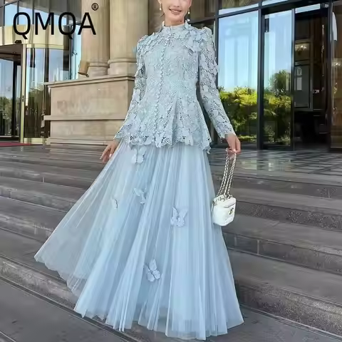 QMQA Fashion Women's Elegant 2 Piece Set Embroidery Long Sleeve Top High Waist Mesh Skirt Sets 2025 