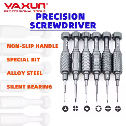 YX-369 Precision Screwdriver, 6 Bit Types, S2 Steel, 360° Bearing, Non-Slip Handle, Magnetizable, fo