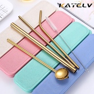 KATELV 5in1 Straw Set Stainless Steel Straws Portable Straw Kit Reuseable Metal Drinking Straw with a Box