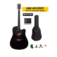 A&K AK320CE Black 41Inch Acoustic Guitar with Built-In EQ, Tuner, Bag, Strap and Picks