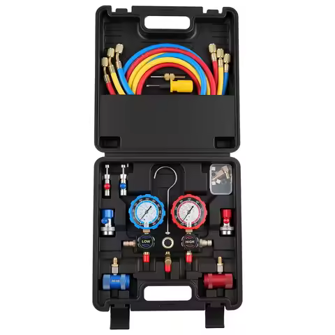 AC Manifold Gauge Set for R134a R404A R1234yf R22 Refrigerant, 3 Way AC Gauge with 5 ft Hoses, Adapt