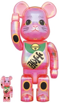 招財貓 BEARBRICK 400%+100% 透明 電鍍 桃色 PINK MANEKINEKO