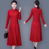 Mother Wear Summer Long-Sleeved Improved Cheongsam Dress New Style Middle-Aged Elderly Women Western